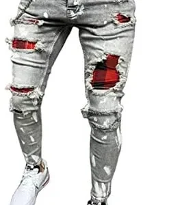 WEIBUMAOYI Men’s Straight Slim Fit Elastic Ripped Distressed Stretchy Skinny Jeans with Patches Tapered Leg Pants