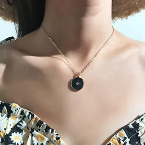 Weiy Enamel Round Pendant Necklace Heart Pendant Necklace Coin Shape Moon Necklace Chain Choker Necklace for Women Girls,Black+Gold