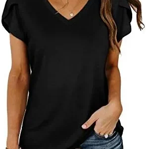 WIHOLL Womens Tops V Neck Summer Petal Sleeve Casual Tshirts