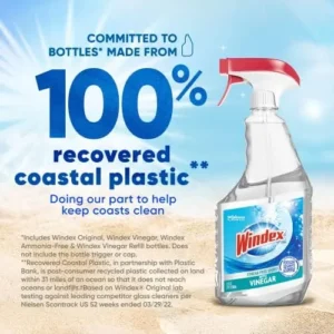 Windex with Vinegar Glass Cleaner Spray Bottle, Bottle Made from 100% Recovered Coastal Plastic, 23 fl oz