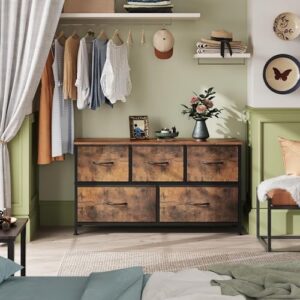 WLIVE Dresser for Bedroom with 5 Drawers, Wide Chest of Drawers, Fabric Dresser, Storage Organizer Unit with Fabric Bins for Closet, Living Room, Hallway, Rustic Brown Wood Grain Print