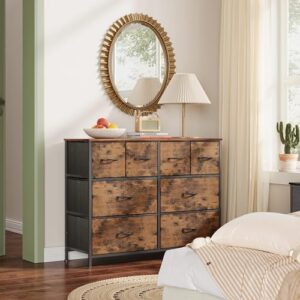 WLIVE Dresser for Bedroom with 8 Drawers, Wide Fabric Dresser for Storage and Organization, Bedroom Dresser, Chest of Drawers for Living Room, Closet, Entryway, Rustic Brown Wood Grain Print