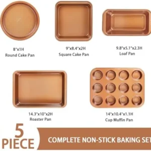 Wokic 5-Piece Nonstick Bakeware Set, Baking Pans Set with Round Cake Pan, Square Cake Pan, Loaf Pan, Muffin Pan & Roasting Pan, Baking Sheet Set Dishwasher Safe Easy Clean for Oven Safe…