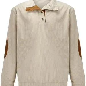 WOLWES Mens Corduroy Shirt Lapel Collar Button Up Pullover Mock Neck Long Sleeve Sweaters Polo Sweatshirts with Elbow Patches