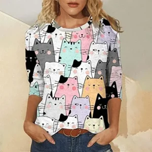 Womens 3/4 Sleeve T-Shirt Tops Fashion Cute Cats Print Blouses Funny Graphic Crewneck Tees Shirt Comfy Loose Casual T Shirts