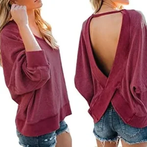 Women’s Backless Loose Shirt Long Sleeve Open Back Cross Tee Top Blouse