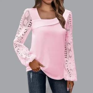 Womens Long Sleeve Shirts Winter Solid Lightweight Tshirts Shirts Lace Trim V Neck Cute Tops Fall Pleated Flowy Blouse