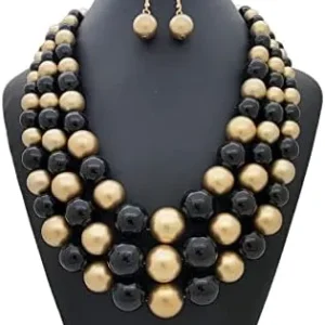 Women’s Simulated Faux Three Multi-Strand Pearl Statement Necklace and Earrings Set