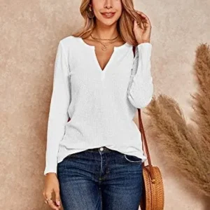 Womens V Neck Waffle Knit Shirts Long Sleeve Loose Fitting Warm Tee Tops Sweaters Pullovers