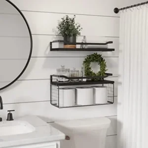 WOPITUES Floating Shelves with Wire Storage Basket, Bathroom Shelves Over Toilet with Protective Metal Guardrail, Wood Wall Shelves for Bathroom, Bedroom, Living Room, Toilet Paper-Black