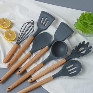 WRPLU Kitchen Utensils Set, 33 Pcs Non-Stick Silicone Cooking Utensils Set with Holder, 446°F Heat Resistant, Nontoxic BPA Free Kitchen Gadgets, Wooden Handle Kitchen Utensils