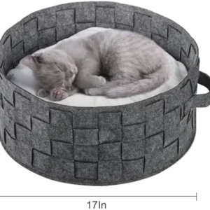 WUWEOT Woven Cat Bed Basket, Round Felt Small Dogs Sofa Bed, 17″ x 7.7″ Pet Sleeping Bed House with Soft Cotton Cushion for Indoor Cat Puppies Rabbits and Small Pets (Grey)