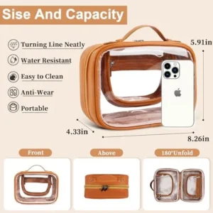 XSUIOY Clear Toiletry Bag Makeup Organizer Bag,Large Capacity Travel Cosmetic Bags with Handles Waterproof Cosmetic Case Toiletry Bags Fit Carry-on Essentials Storage bag Organizer for Women(Brown