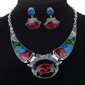 YAZILIND Ethnic Color Embossed Oval Gangle Bib Collar Earrings Necklace Jewelry Set Women