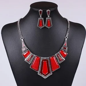 YAZILIND Vintage Ethnic Tibetan Silver Irregular Rhinestone Bib Collar Earrings Necklace Jewelry Set