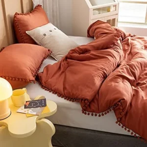 YIRDDEO Terracotta Queen Comforter Set 3pcs Boho Ball Pom Bedding Aesthetic Burnt Orange Comforter Queen Sized Comforter Sets Rust Bed SetSolid Color for Women Men (1 Comforter 2 Pillowcases)