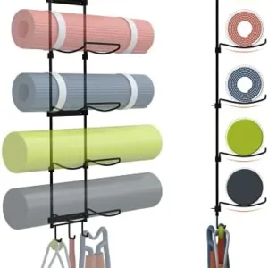 Yoga Mat Holder Wall Mount, Wall Rack Organizer, Storage Foam Roller and Block, with 5 Sectional and 3 Hooks for Hanging Yoga Strap, Resistance Bands at Fitness Class or Home Gym, Decor(Black)