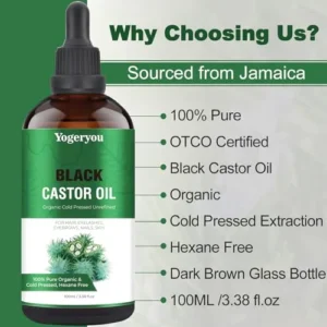 YogerYou Jamaican Organic Black Castor Oil (3.38oz),100% Pure Cold Pressed Castor Oil for Hair Growth,Body,Face,Skin Care,Unrefined Hexane Free Glass Bottle Eyebrow Eyelash Growth Serum to Grow Lashes