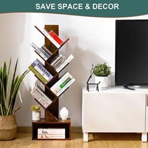 Yoobure Tree Bookshelf – 6 Shelf Retro Floor Standing Bookcase, Tall Wood Book Storage Rack for CDs/Movies/Books, Utility Book Organizer Shelves for Bedroom, Living Room, Home Office