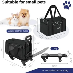 YUDODO 90°/ 45°Lightproof Pet Cat Carrier with Wheels Removable Rolling Pet Carrier with Telescopic Handle Airline Approved Dog Carrier (Front Universal Wheels + Rear Fixed Caster Wheels) Black