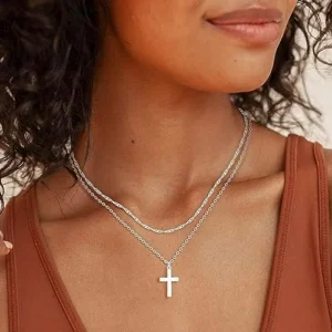 Zalcon Layered Cross Necklace for Women, 14K Gold Plated/Sterling Silver Plated Choker Necklaces for Women Stack Simple Cross Pendant Necklaces Jewelry for Women Girls Trendy