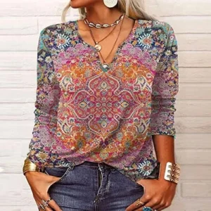 ZEFOTIM Hawaiian Shirts for Women 2023 Long Sleeve V Neck Button Down Floral Tops Beach Boho Blouses