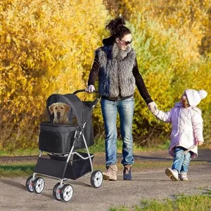 ZENY Foldable Pet Stroller, Cat/Dog Stroller with 4 Wheel, Pet Travel Carrier Strolling Cart with Storage Basket, Cup Holder, Black