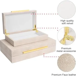 ZIKOUL Ivory Shagreen box Set of 2 Faux Leather Decorative Boxes,Large Nesting Storage Decorative Boxes with Lids for Modern Home Decor Stacking Jewelry Box Organizer