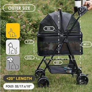 Zoosky 3 in 1 Folding Dog Stroller, Pet Folding Stroller, 4 Wheels Dog/Cat Puppy Stroller w/Removable Travel Carrier for Small/Medium Pet, Waterproof Pad, Car Seat, Sun Shade