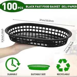 100 Pcs Fast Food Serving Baskets Bulk 10.5 x 7 Inch, Plastic Oval Restaurant Basket Black Chip Basket Reusable Bread Sandwich Baskets for Retro Food Fry Burgers Baskets Tray Party Deli Supplies