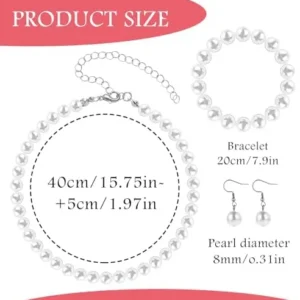 3 Pcs 8mm Pearl Necklace Bracelet Earrings Set Faux Pearl Jewelry Set for Women Simulated Pearl Necklaces Set Round White Pearl Costume Jewelry Accessories for Women Girls Brides Wedding Gift