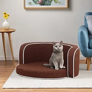 30″ Brown Round Pet Sofa, Dog Sofa, Dog Bed, Cat Bed, Cat Sofa, with Wooden Structure and Linen Goods White Roller Lines on The Edges Curved Appearance pet Sofa with Cushion