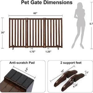 36″ Height Extra Tall Freestanding Pet Gate, Solid Wood Folding Safety Fence Wooden Dog Gate with 2PCS Support Feet Ideal for Stairs, Doorways, Halls, Kitchens, Heavy Duty Gates, 3 Panels, Walnut