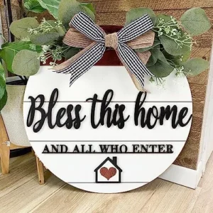 3D Bless This Home Wooden Door Sign Hanging, Welcome Porch Wall Sign with Bow-knot Wreath, Bless This Home And Who Enter Sign Housewarming Gift for Kitchen/Entryway/Porch/Front Door