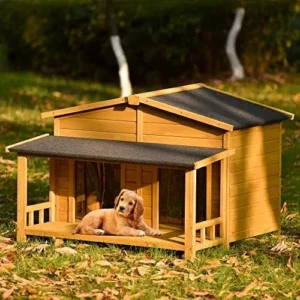 47.2” Large Wooden Dog House Outdoor, Outdoor & Indoor Dog Crate, Cabin Style, with Porch, 2 Doors