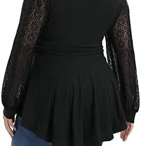 ALLEGRACE Plus Size Tunic Tops Women Lace Long Sleeve Faux Wrap V Neck Dressy Shirts