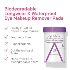 Almay Biodegradable Makeup Remover Pads, Longwear & Waterproof, Hypoallergenic, Fragrance-Free, Dermatologist & Ophthalmologist Tested, 120 count (Pack of 1)