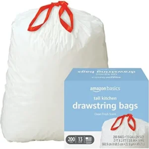 Amazon Basics Tall Kitchen Drawstring Trash Bags, Clean Fresh Scent, 13 Gallon, 200 Count