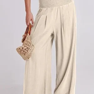 ANRABESS Women Linen Palazzo Pants Summer Boho Wide Leg High Waist Casual Lounge Pant Trousers with Pockets