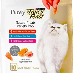 Aurora Pet Bundle Pack (4) Fancy Feast Purely Natural Variety Cat Treats with AuroraPet Cat Toy (Assorted)