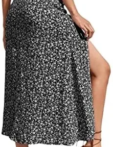 Avanova Women Boho Floral Slit Midi Skirt Elastic High Waisted Sexy A Line Skirt