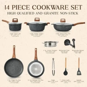 Bakken-Swiss 14-Piece Kitchen Cookware Set – Granite Non-Stick – Eco-Friendly – for All Stoves & Oven-Safe – Marble coatin