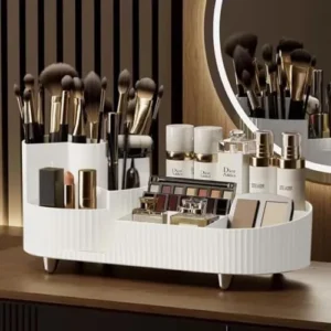 Bemgue Makeup Organizer for Vanity, 360° Rotating Countertop Makeup Organizer with Brush Holder, Large Capacity for Cosmetics, Skincare, Perfumes -White