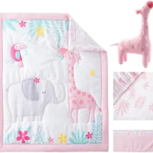 Bertte 4 Piece Crib Bedding Set for Boys Girls, Nursery Bedding Standard Size Soft Baby Bedding Crib Set Including Cartoon Quilt, Crib Skirt, Fitted Crib Sheet and Plush Toy (Pink Giraffe)