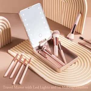 BS-MALL Travel Makeup Brush Set Foundation Powder Concealers Eye Shadows Makeup Set with LED light Mirror 14 Pcs (APINK)