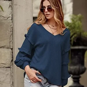 BTFBM Women’s V Neck Long Sleeve Blouse Loose Fit Tunics Ruffles Off Shoulder Waffle Knit Solid Color Tops Fall Tee Shirts