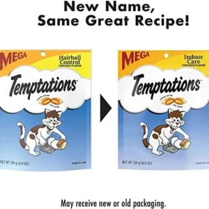 Bundle (4) Temptations Indoor Care (Hairball Control) Chicken Flavor Cat Treats (4.9 oz) with AuroraPet Catnip Toy (Assorted)