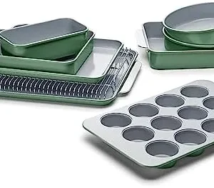 Caraway Nonstick Ceramic Bakeware Set (11 Pieces) – Baking Sheets, Assorted Baking Pans, Cooling Rack, & Storage – Aluminized Steel Body – Non Toxic, PTFE & PFOA Free – Sage