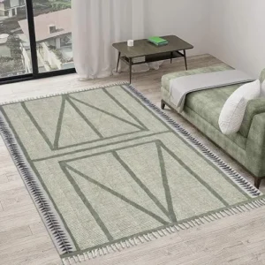 Casavani Kilim Rug 7 Square Area Rug Washable Throw Rug Boho Rug Flatweave Area Rug Green Black Cotton Rugs for Large Bedroom Square Dining Table Hall Room Patio Doormat