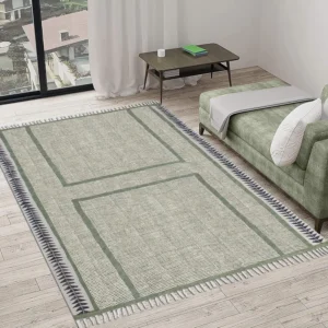 Casavani Kilim Rug 7 Square Area Rug Washable Throw Rug Green Black Cotton Area Rug Boho Rug Flatweave Rugs for Large Bedroom Square Dining Table Hall Room Patio Doormat